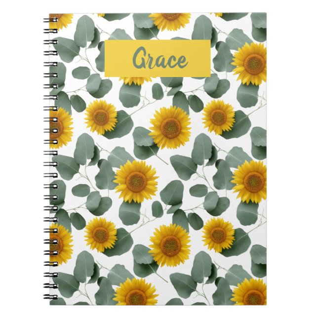 Sunflowers with Eucalyptus Leaves Pattern Custom Notebook (Front)
