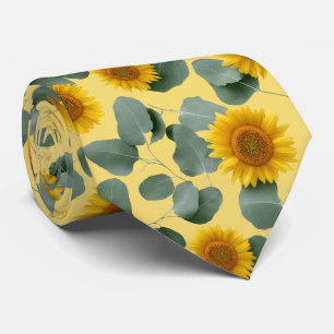 Sunflowers with Eucalyptus Leaves Pattern Neck Tie