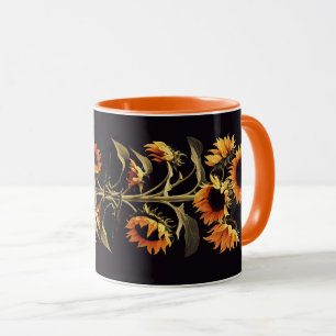 SUNFLOWERS WITH GREEN LEAVES IN BLACK MUG