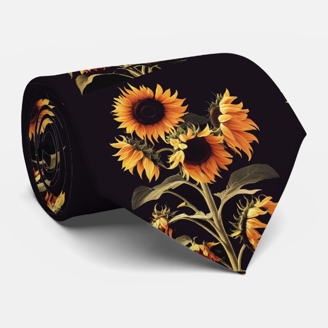 SUNFLOWERS WITH GREEN LEAVES IN BLACK NECK TIE (Rolled)