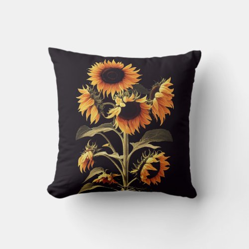 SUNFLOWERS WITH GREEN LEAVES IN BLACK THROW PILLOW