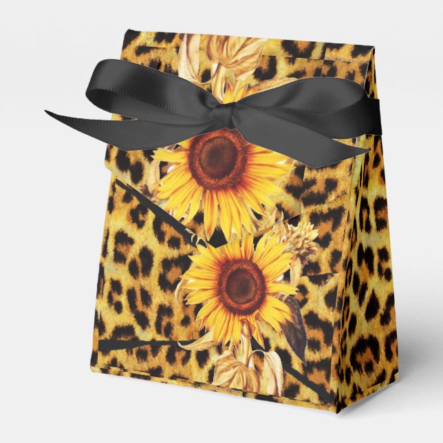 SUNFLOWERS WITH LEOPARD FUR BOW SUMMER PARTY FAVOR BOXES (Front Side)