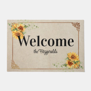 Sunflowers with Vintage Frame Custom Name Doormat