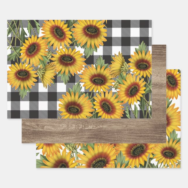 Sunflowers Wood Buffalo Plaid Wrapping Paper Sheets (Set)