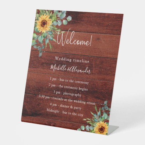 Sunflowers wood eucalyptus wedding program details pedestal sign