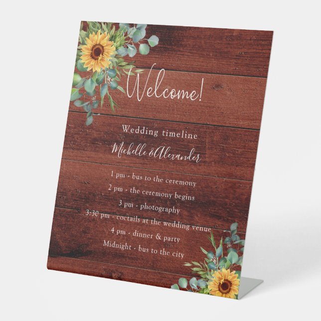 Sunflowers wood eucalyptus wedding program details pedestal sign (Front)