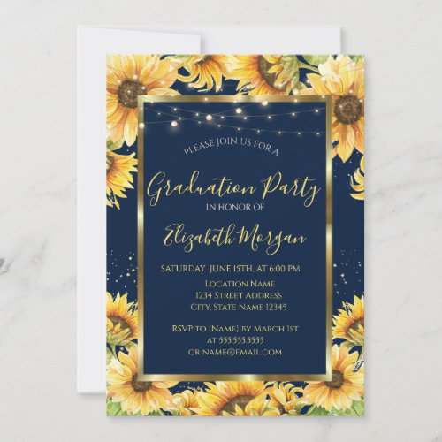 SunflowersWoodFrame Navy Blue Graduation Invitation