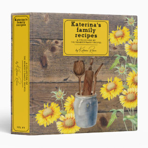 Sunflowers Wood Kitchen Utensils Family Recipe 3 Ring Binder