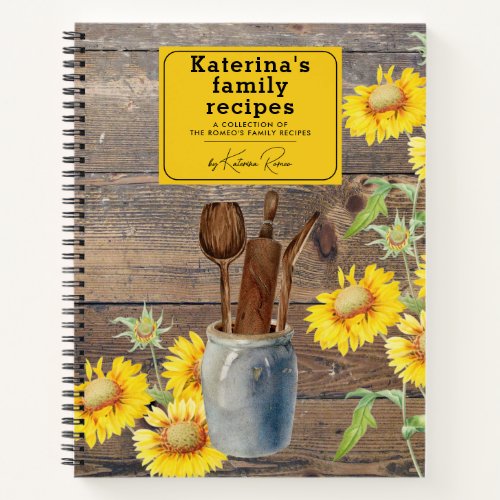 Sunflowers Wood Kitchen Utensils Family Recipe Notebook