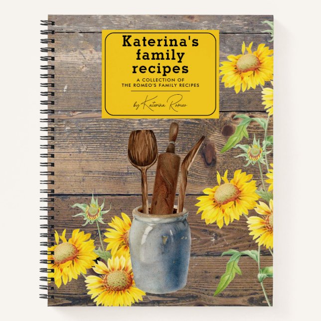 Sunflowers Wood Kitchen Utensils Family Recipe Notebook (Front)