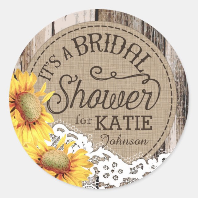 Sunflowers Wood Lace Rustic Bridal Shower Label (Front)