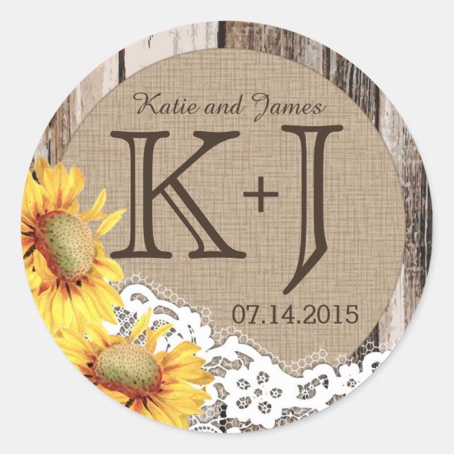 Sunflowers Wood Lace Rustic Country Wedding Label (Front)