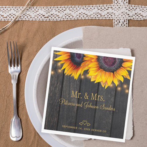 Sunflowers wood mr and mrs gold script wedding napkins