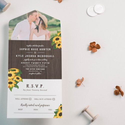 Sunflowers  Wood Rustic Photo Wedding All In One Invitation