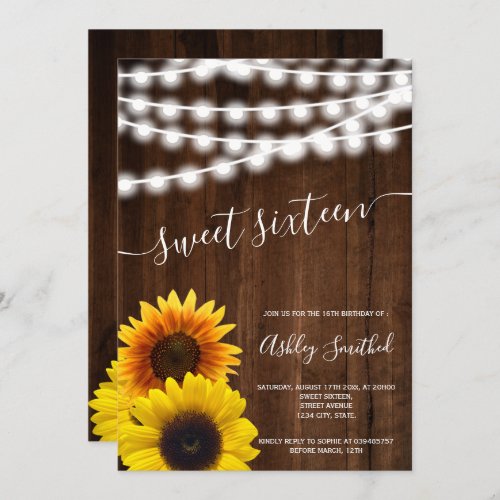 Sunflowers wood string lights sweet sixteen invitation