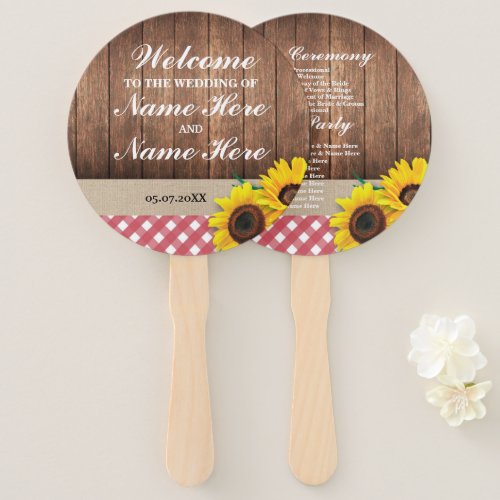 Sunflowers Wood Wedding Programme Red Check Fan