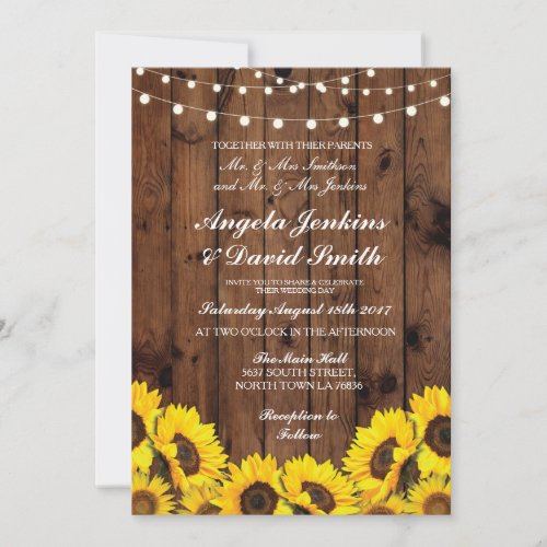 Sunflowers Wood Wedding Rustic Floral Light Invite