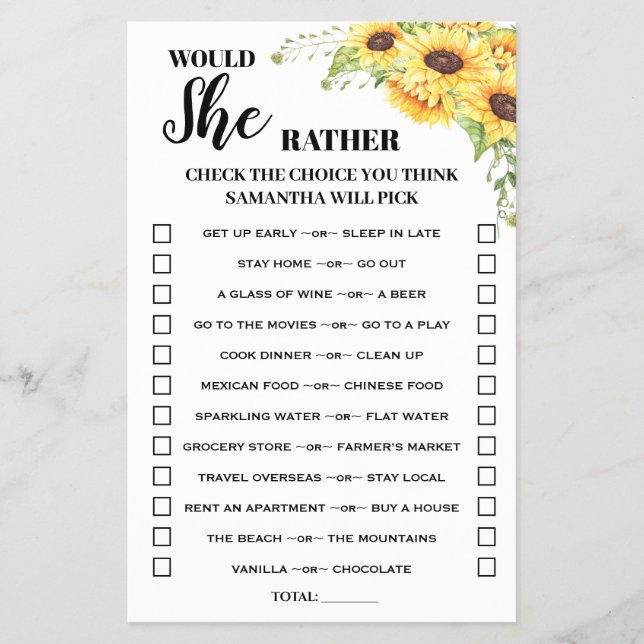 Sunflowers Would She Rather Baby Shower Game Card Flyer (Front)