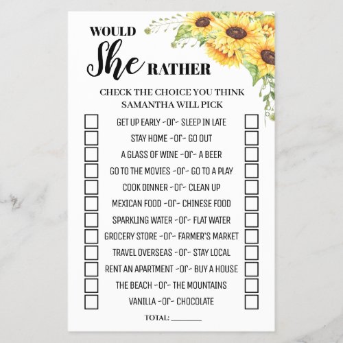 Sunflowers Would She Rather Baby Shower Game Card Flyer