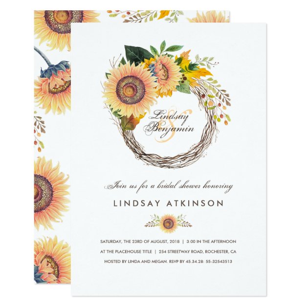 Sunflowers Wreath Rustic Fall Bridal Shower Invitation