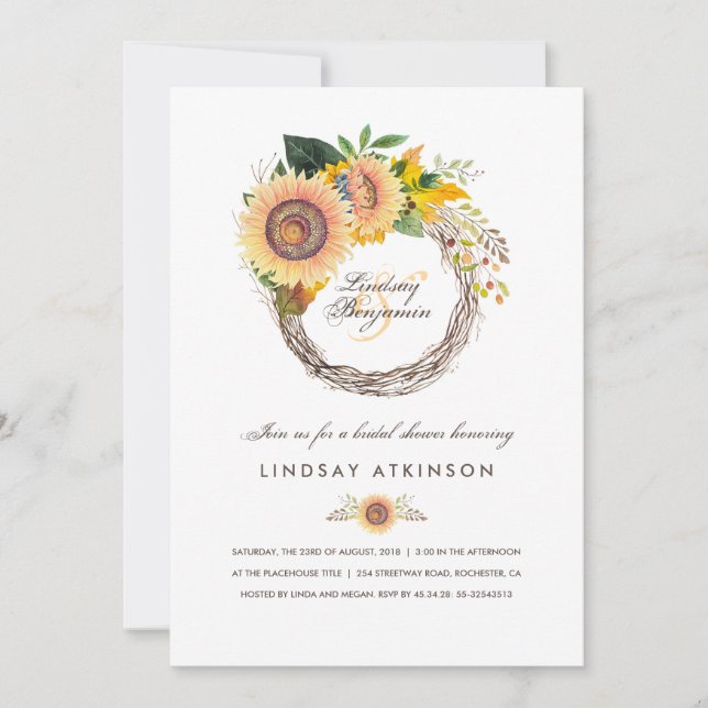 Sunflowers Wreath Rustic Fall Bridal Shower Invitation (Front)