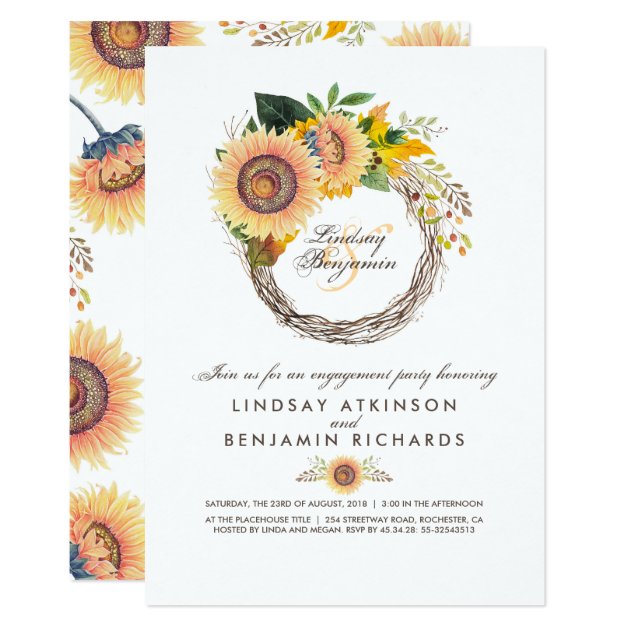 Sunflowers Wreath Rustic Fall Engagement Party Invitation