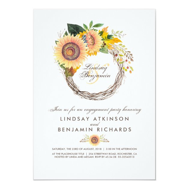 Sunflowers Wreath Rustic Fall Engagement Party Invitation