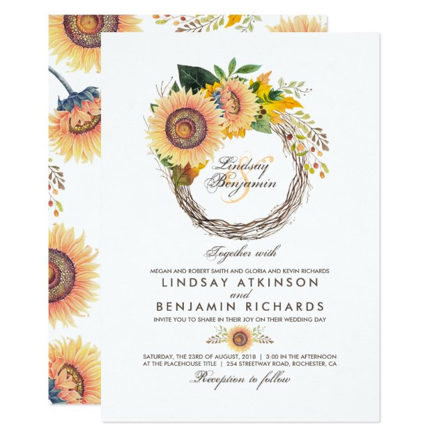 Sunflowers Wreath Rustic Fall Wedding Invitation