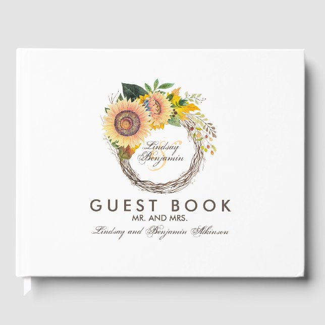 Sunflowers Wreath Rustic Fall Wedding Guest Book (Front)