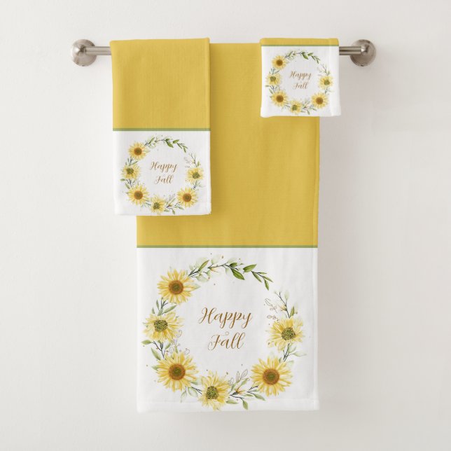 Sunflowers wreath with customizable text  bath tow towel set (Insitu)
