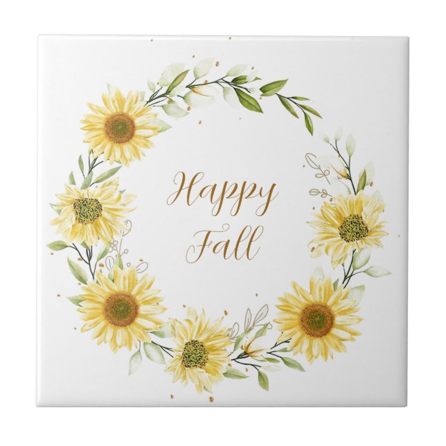 Sunflowers wreath with customizable text ceramic tile (Front)