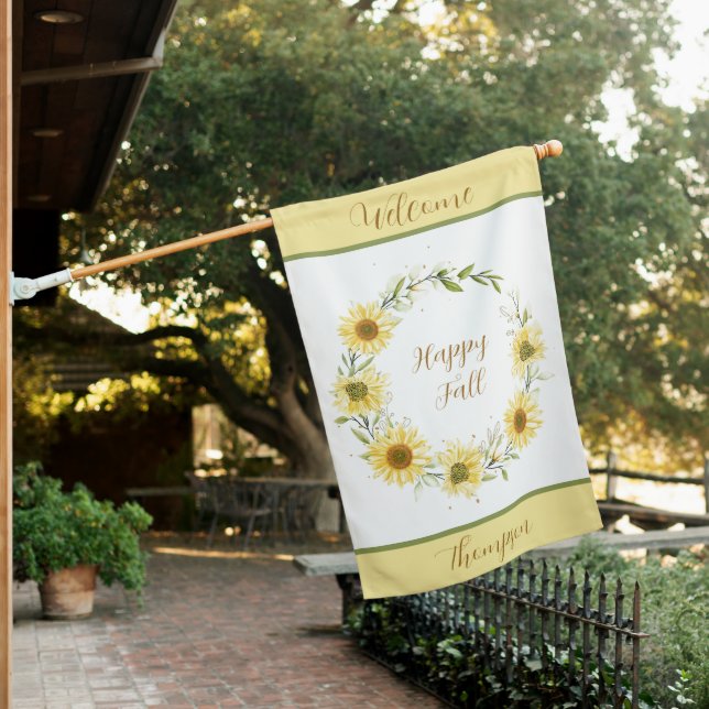 Sunflowers wreath with customizable text  garden f house flag (In SItu)