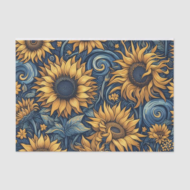 Sunflowers Yellow and Blue Swirls Decoupage Tissue Paper (Front)