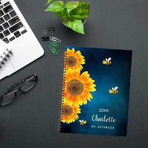 Sunflowers yellow bees blue sky name notebook