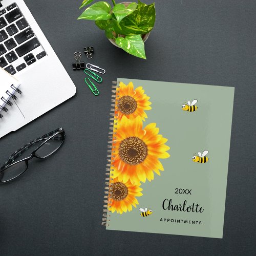 Sunflowers yellow bees sage green name  planner