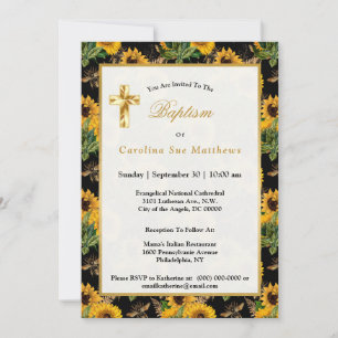 Sunflowers Yellow Black Bees Bouquet Baptism Invitation