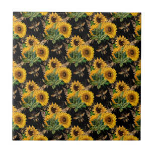 Sunflowers Yellow Black Bees Bouquet Ceramic Tile