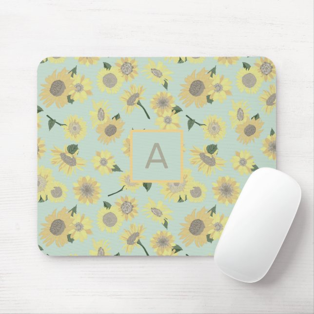 Sunflowers Yellow Blue Floral Flower Monogram Mouse Pad (With Mouse)