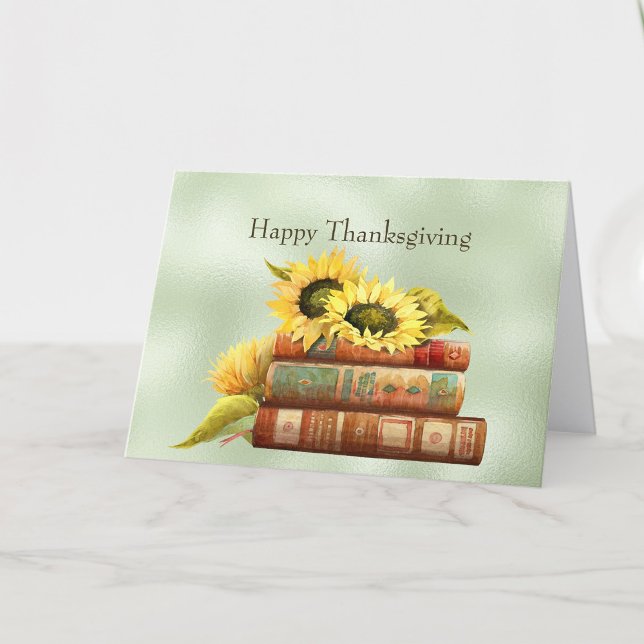Sunflowers Yellow Books Watercolor Thanksgiving Holiday Card (Creator Uploaded)