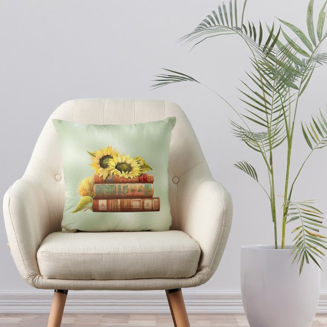 Sunflowers Yellow Books Watercolor Throw Pillow (Creator Uploaded)