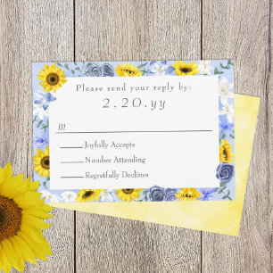Sunflowers, Yellow, Dusty Blue Wedding RSVP Card