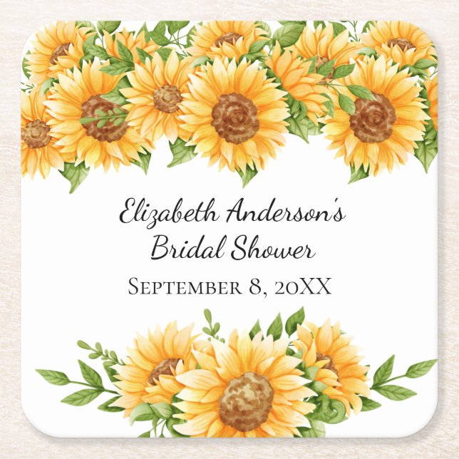Sunflowers Yellow Floral Rustic Bridal Shower  Square Paper Coaster (Front)