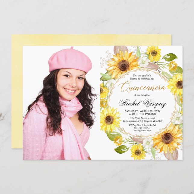 Sunflowers yellow gold floral Quinceanera photo Invitation (Front/Back)