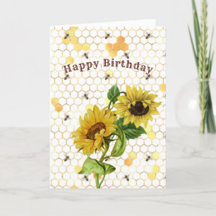 Sunflowers Yellow Gold Honeycomb Bees Birthday Card