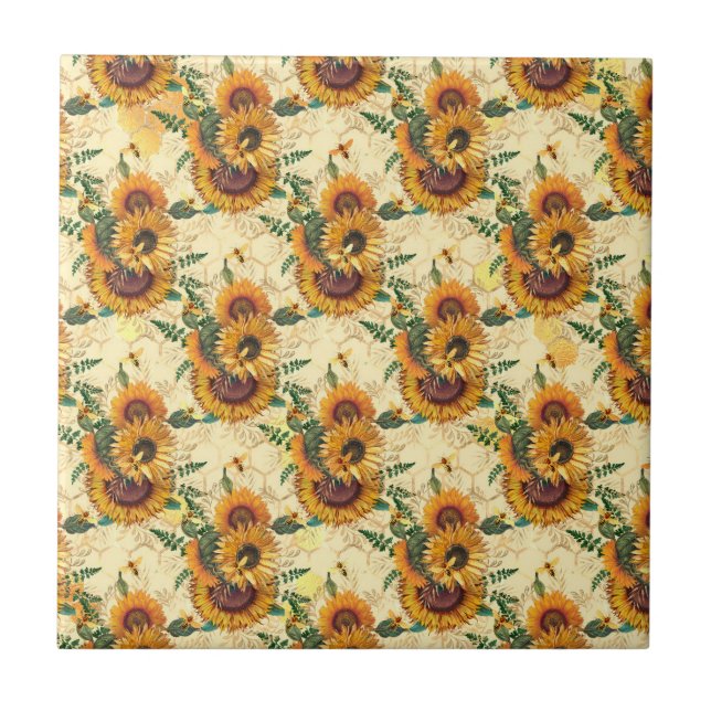 Sunflowers Yellow Gold Honeycomb Bees Ceramic Tile (Front)