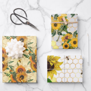 Sunflowers Yellow Gold Honeycomb Bees Wrapping Paper Sheets