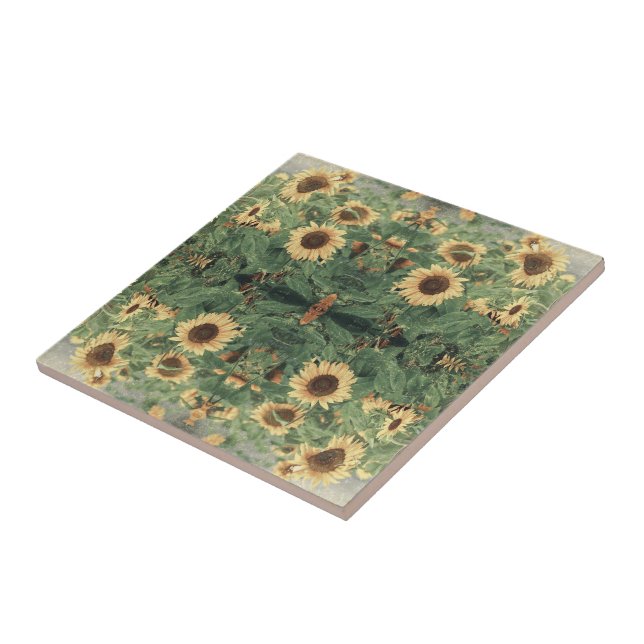 Sunflowers Yellow Green Art Decorative Floral Ceramic Tile (Side)