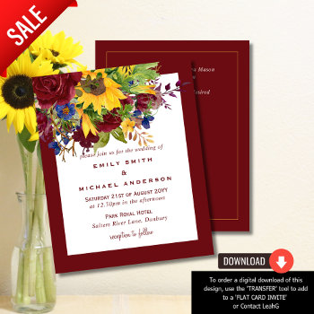 Sunflowers Yellow Maroon Burgundy Floral Wedding by invitationz at Zazzle