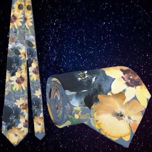 Sunflowers Yellow Navy Blue Flower Floral Neck Tie