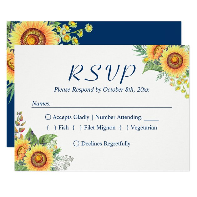 Sunflowers Yellow Navy Blue Rustic Wedding RSVP Card